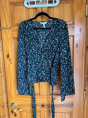 BCBGeneration Teal Leopard-Print Wrap Blouse with Tie